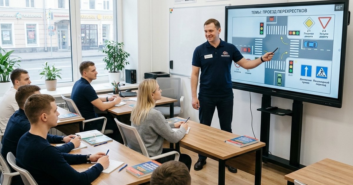 Преподаватель автошколы проводит занятие по ПДД в учебном классе