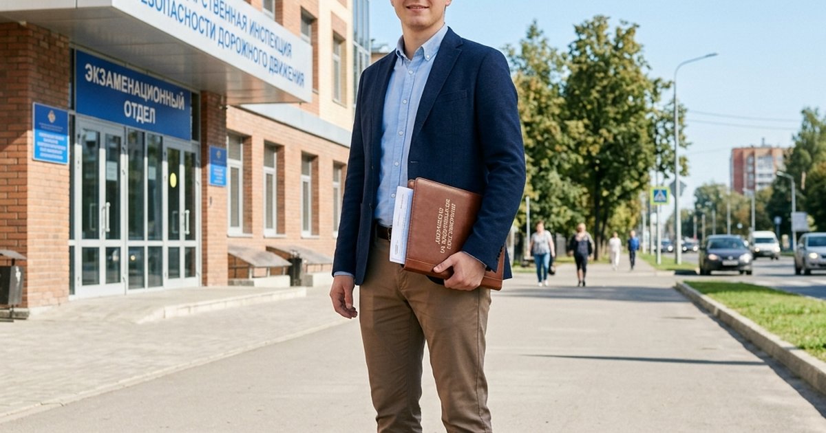Кандидат в водители у здания экзаменационного отделения ГИБДД в другом городе