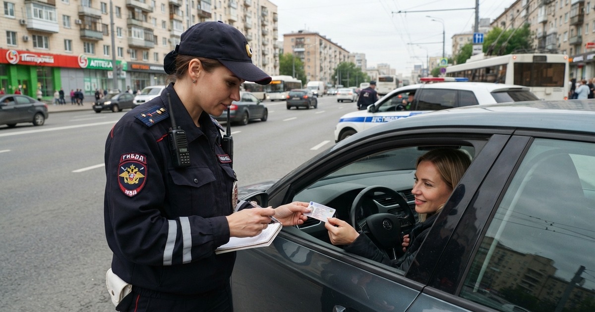 Сотрудник Госавтоинспекции проверяет водительские документы водителя