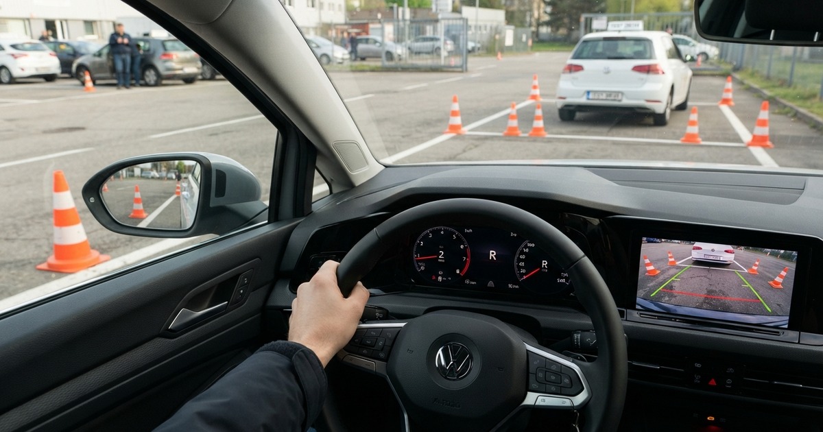 Заезд учебного автомобиля в бокс задним ходом под углом 90 градусов